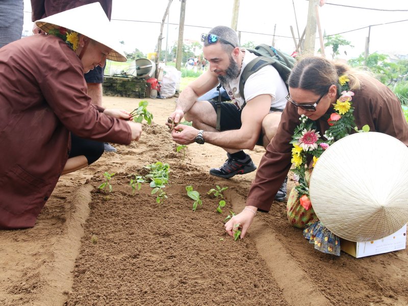 Du khách ngoại quốc đang học cách trồng rau tại làng